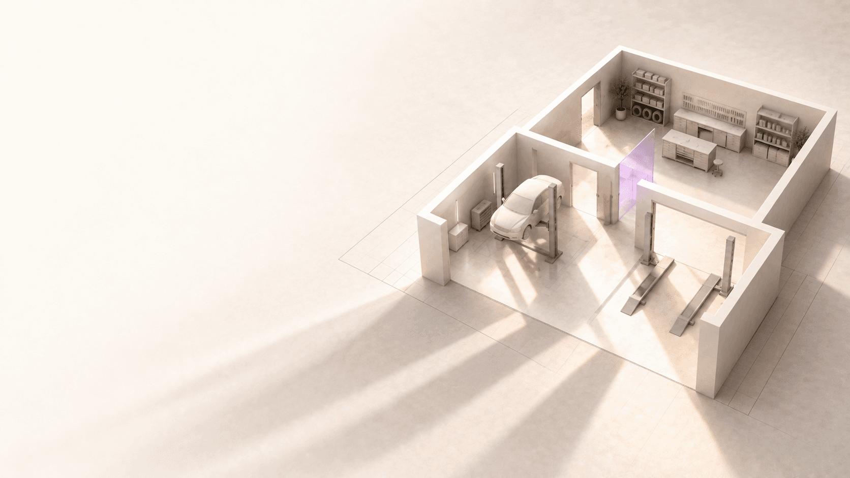 An ivory garage model shows two service bays, a vehicle lift and a connected workshop.