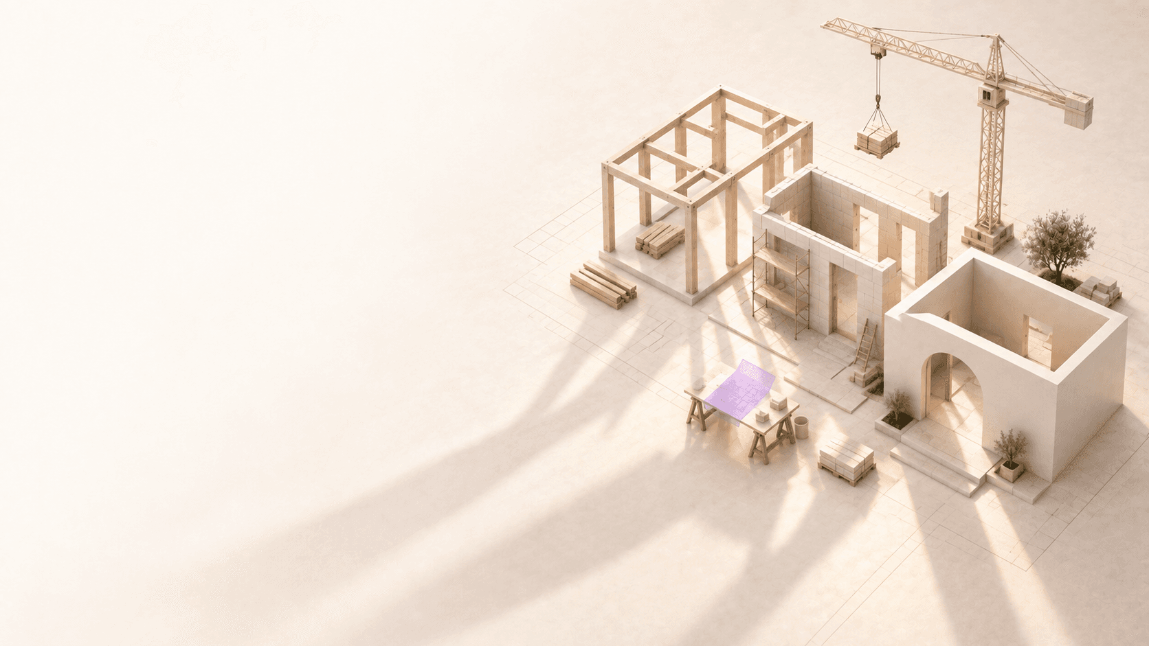 Three stages of a building stand beside a small crane in a sunlit architectural model.