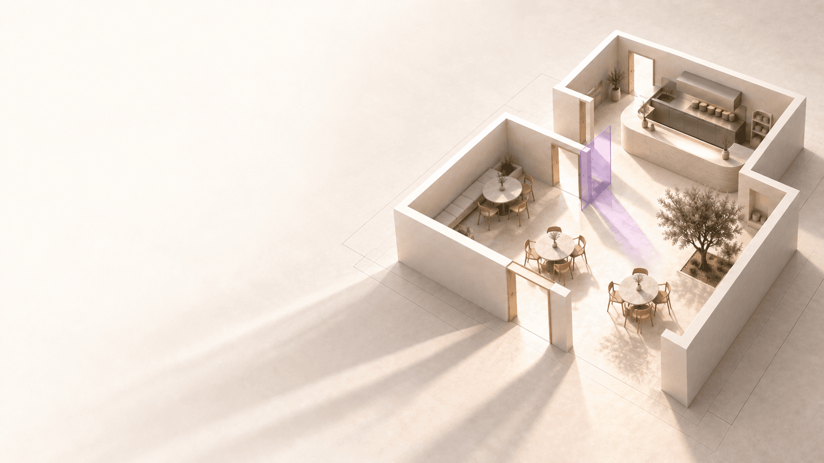 An ivory restaurant model connects a service counter, kitchen and courtyard tables.