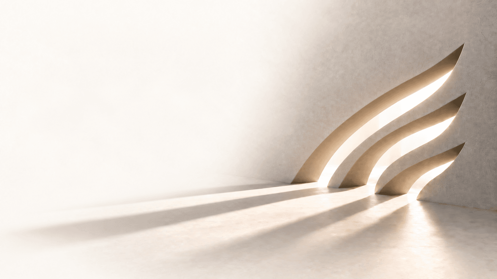 Three sweeping tears open an ivory wall, casting warm daylight across the floor.