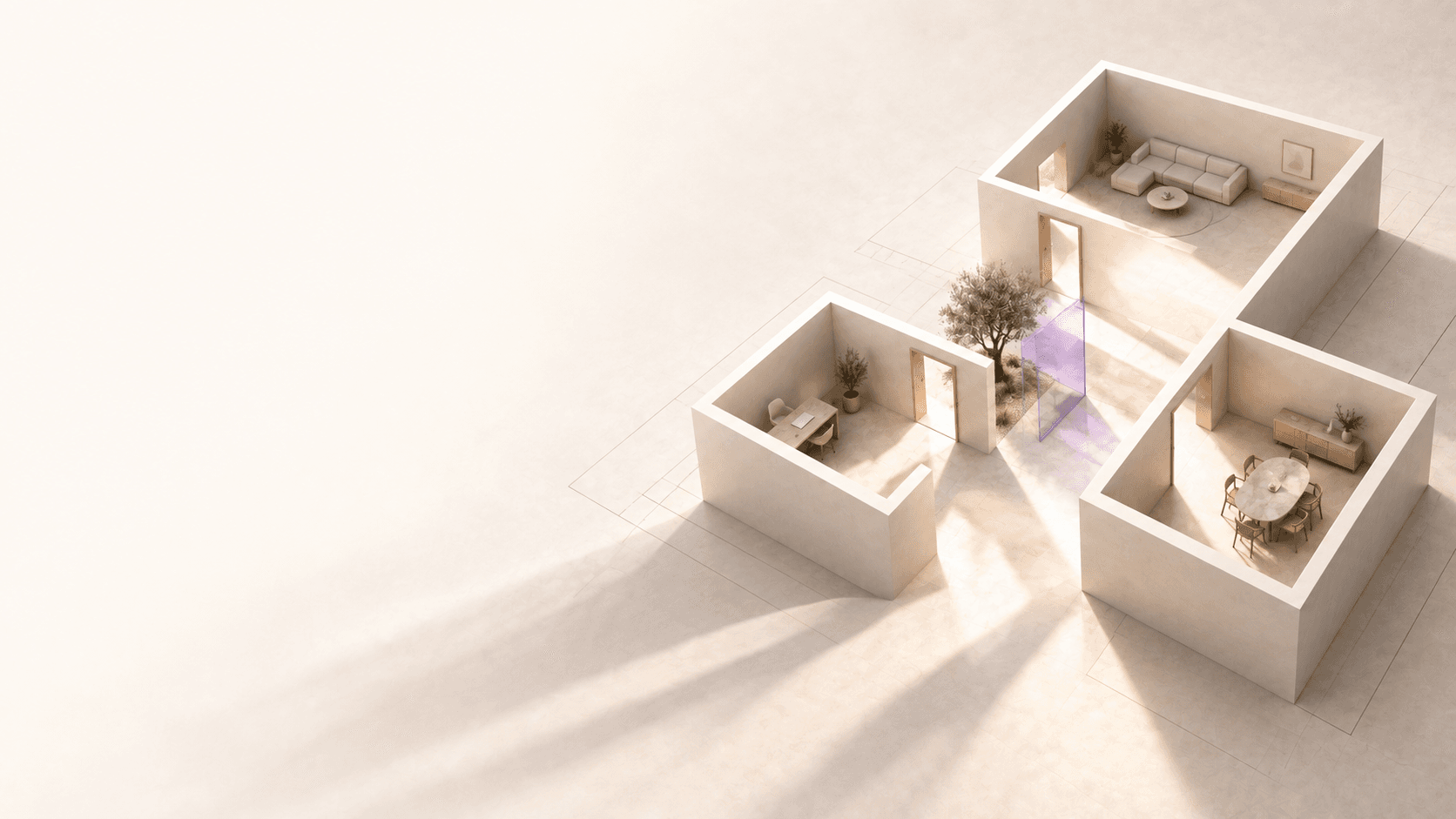 An architectural model connects work and living spaces around a warm, sunlit courtyard.