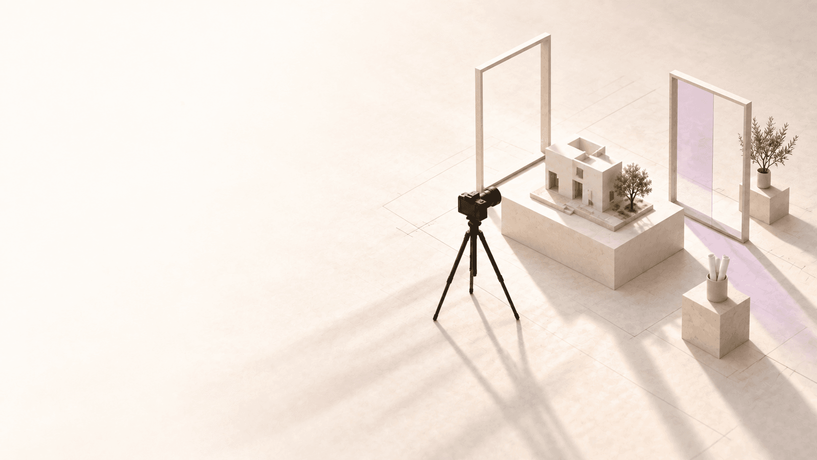 A camera and architectural model sit between open ivory frames with a restrained lilac glass panel.